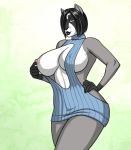  ambiguous_species anthro big_breasts breasts clothing female huge_breasts kostos_art lipstick looking_at_viewer makeup mammal nipple_bulge one_breast_out smile solo standing sweater virgin_killer_sweater voluptuous 