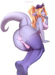  5_fingers anthro balls big_breasts biped blonde_hair blue_lips breasts butt_pose clothing dickgirl dragon grey_scales grey_tail hair hi_res horn intersex legwear long_hair long_tail looking_at_viewer looking_back obese open_mouth overweight penetration penis ponytail reptile scales scalie simple_background solo stockings suelix tal_(snowweaver) thick_tail thigh_highs white_background 