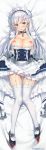  absurdres anchor apron ass_visible_through_thighs azur_lane bangs bed_sheet belfast_(azur_lane) blue_eyes blush braid breasts cameltoe chain collar collarbone dakimakura dress eyebrows_visible_through_hair french_braid frilled_dress frilled_gloves frills full_body garter_straps gauntlets gloves highres huge_filesize large_breasts lifted_by_self long_hair looking_at_viewer lying maid_headdress nipples on_back open_mouth panties shiny shiny_clothes shiny_hair shiny_skin skirt skirt_lift sleeveless smile solo underwear upskirt waist_apron white_legwear white_panties yuuki_hagure 