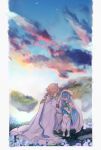  1girl anklet aqua_(fire_emblem_if) aqua_hair barefoot cape cloud commentary crying fire_emblem fire_emblem_heroes fire_emblem_if flower hand_on_another's_head highres jewelry long_hair male_my_unit_(fire_emblem_if) my_unit_(fire_emblem_if) outdoors parted_lips pointy_ears sasaki_(dkenpisss) short_hair sidelocks sky squatting standing tears veil white_hair younger 