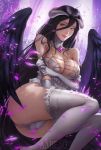  1girl absurdres ahoge albedo bare_shoulders black_hair black_wings breast_hold breasts chunhui_lee cleavage covering covering_crotch demon_girl demon_horns demon_wings detached_collar dress elbow_gloves feathered_wings feathers frilled_legwear gloves greek_text hair_between_eyes highres horns large_breasts long_hair looking_at_viewer low_wings overlord_(maruyama) slit_pupils solo thighs white_dress white_gloves white_legwear wings yellow_eyes 
