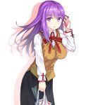  :d apo_(apos2721) bag bangs black_skirt brown_cardigan cardigan cowboy_shot eyebrows_visible_through_hair fate/stay_night fate_(series) floating_hair hair_ribbon holding holding_bag homurahara_academy_uniform leaning_forward long_hair long_skirt long_sleeves looking_at_viewer matou_sakura neck_ribbon open_mouth pink_ribbon plastic_bag purple_eyes purple_hair red_ribbon ribbon school_uniform shiny shiny_hair shirt simple_background skirt smile solo standing white_background white_shirt 