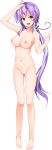  absurdres arm_up barefoot breasts charabration! full_body hand_on_head highres large_breasts long_hair looking_at_viewer navel nipples no_pussy nude nylon official_art open_mouth orange_eyes ponytail purple_hair solo tenhouin_himeme transparent_background very_long_hair 