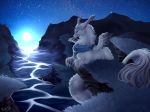  2018 ambiguous_gender blue_eyes digital_media_(artwork) digital_painting_(artwork) dragon feathered_wings feathers fur furred_dragon grass nashiholy night outside sky star starry_sky white_fur wings 