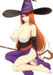  1girl bare_shoulders breasts cleavage dragon&#039;s_crown hat huge_breasts long_hair orange_hair purple_eyes sorceress_(dragon&#039;s_crown) tagme witch_hat 