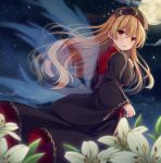  :o bangs blonde_hair blush chinese_clothes commentary_request dress eyebrows_visible_through_hair flower from_behind from_side full_moon hair_between_eyes hand_on_own_chest hat headdress junko_(touhou) lily_(flower) long_hair long_sleeves looking_at_viewer looking_back moon nagisa3710 night outdoors red_eyes sky solo star_(sky) starry_sky tabard tassel touhou wide_sleeves 