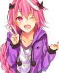  ;d astolfo_(fate) bangs braided_ponytail casual collarbone commentary cross cross_necklace eyebrows_visible_through_hair fang fate_(series) hair_ribbon jewelry long_hair long_sleeves looking_at_viewer necklace one_eye_closed open_mouth pink_eyes pink_hair ponytail purple_hoodie ribbon shirt smile solo standing striped striped_shirt tomydayo1031 tongue v white_background white_hair 