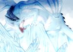  2017 black_hair blue_eyes claws digital_media_(artwork) digital_painting_(artwork) dragon feral hair membranous_wings nashiholy open_mouth scalie solo standing teeth tongue western_dragon wings 