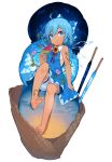  ahoge bare_arms bare_legs barefoot bloomers blue_bow blue_dress blue_eyes blue_hair bow cirno cloud dress eyebrows_visible_through_hair feet flower food full_body hair_between_eyes hair_bow hand_up highres holding ice ice_cream ice_cream_cone ice_wings knee_up looking_at_viewer morning_glory open_mouth popsicle red_ribbon ribbon short_hair simple_background sitting sky sleeveless sleeveless_dress solo star_(sky) starry_sky sunflower takotsu tan tanned_cirno toenails touhou transparent_wings triple_scoop underwear watermelon_bar white_background wings 