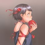  apple bare_shoulders black_choker black_hair blue_shirt breasts brown_background brown_eyes chocolate_5420 choker commentary english_commentary food from_side fruit hair_ribbon hand_up highres original profile red_ribbon ribbon shiny shiny_hair shirt short_hair small_breasts solo upper_body 