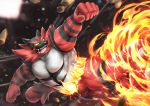  black_stripes commentary_request fire furry gen_7_pokemon green_eyes incineroar kicking muscle no_humans pokemon pokemon_(creature) red_fur red_nose striped tiger yellow_sclera 
