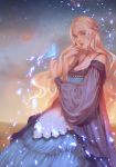  absurdres blonde_hair blue_butterfly blue_dress braid breasts bug butterfly cleavage copyright_request dress highres hihisou_(pan-kun) insect long_hair long_sleeves medium_breasts outdoors parted_lips sidelocks solo twilight very_long_hair 