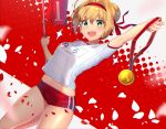  :d arm_up bangs blonde_hair blurry blush braid buruma character_name depth_of_field dutch_angle eyebrows_visible_through_hair fate/grand_order fate_(series) fingernails flag french_braid glint green_eyes gym_uniform hair_between_eyes hair_bun hair_intakes hair_ribbon halftone halftone_background head_tilt highres holding leg_up looking_at_viewer medal midriff motion_blur name_tag nayuta_(una) nero_claudius_(fate) nero_claudius_(fate)_(all) number olympian_bloomers open_mouth outstretched_arm petals red_background red_buruma red_headband red_ribbon ribbon rose_petals shiny shiny_hair shiny_skin shirt short_hair short_sleeves sidelocks smile solo sparkle standing standing_on_one_leg upper_teeth white_background white_shirt 