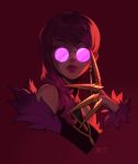  bangs claw_(weapon) earrings evelynn eyelashes feather_boa glasses idol jewelry k/da_(league_of_legends) k/da_evelynn league_of_legends lips lipstick looking_at_viewer m_t makeup opaque_glasses pince-nez purple_hair purple_lipstick red_background round_eyewear signature solo sunglasses swept_bangs upper_body weapon 