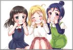  3girls ^_^ alternate_hairstyle bangs black_hair blonde_hair blue_dress blue_hair blunt_bangs blush border closed_eyes collared_shirt dress eneco eyes_closed fingersmile green_eyes green_overalls grin hair_bun kneeling knees_up kurosawa_dia leggings long_hair long_sleeves looking_at_viewer love_live! love_live!_sunshine!! matsuura_kanan mole mole_under_mouth multiple_girls ohara_mari one_side_up overalls pinafore_dress pink_shirt purple_eyes shirt short_over_long_sleeves short_sleeves sidelocks sitting smile white_shirt younger 