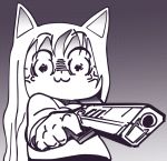  :3 angry animal_humanoid baddtraxx cat_humanoid feline female gradient_background gun handgun hi_res holding_object holding_weapon humanoid mammal monochrome pistol pop_team_epic ranged_weapon reaction_image simple_background solo standing weapon 