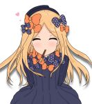  ^_^ abigail_williams_(fate/grand_order) arms_behind_back atsumisu bangs black_bow black_dress black_hat blonde_hair blush bow closed_eyes commentary_request dress facing_viewer fate/grand_order fate_(series) food food_in_mouth hair_bow hat heart highres incoming_pocky_kiss long_hair long_sleeves mouth_hold orange_bow parted_bangs pocky pocky_day pocky_kiss polka_dot polka_dot_bow shadow shared_food simple_background sleeves_past_fingers sleeves_past_wrists solo upper_body very_long_hair white_background 