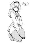  bikini covering covering_breasts embarrassed greyscale headband highres kneeling korean monochrome r8-18 ryuuou_no_oshigoto! short_hair sketch sora_ginko swimsuit thighhighs translation_request white_background 