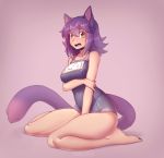  animal_humanoid beige_skin big_breasts blush bra breasts butt cat_humanoid clothed clothing feline female fur green_eyes hair humanoid kneeling mammal navel open_mouth purple_fur purple_hair simple_background solo suelix swimsuit thick_thighs translucent transparent_clothing underwear 