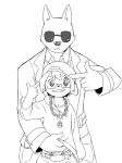  2015 4:3 :&lt; age_difference anthro baseball_cap black_and_white canine cat chain clothed clothing clothing_lift costume dress_shirt duo eyewear feline gangsta glasses grin hat hoodie jewelry kemono looking_at_viewer male mammal manmosu_marimo monochrome pose shirt shirt_lift shota_feline_(marimo) size_difference smile standing sunglasses white_canine_(marimo) wolf young 