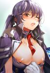  1girl ;o azur_lane blush breasts breasts_outside erect_nipples essex_(azur_lane) gloves highres jacket looking_at_viewer naso4 necktie nipples one_eye_closed out_of_frame pov purple_hair red_eyes solo_focus sweat twintails white_gloves 