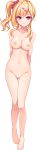  absurdres arms_behind_back ass_visible_through_thighs barefoot blonde_hair breasts censored charabration! collarbone eyebrows_visible_through_hair full_body hair_ornament hair_scrunchie hairclip highres large_breasts long_hair long_image looking_at_viewer mosaic_censoring navel nipples nude nylon official_art pink_eyes pussy scrunchie side_ponytail smile solo tall_image transparent_background tsukigase_korona 