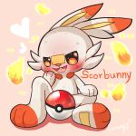  &lt;3 &lt;3_eyes 2019 ambiguous_gender band-aid bandage blush buckteeth catmunyi cheek_tuft english_text fire fur hand_on_face hand_on_knee lagomorph long_ears looking_at_viewer mammal nintendo open_mouth pink_background pok&eacute;ball pok&eacute;mon pok&eacute;mon_(species) scorbunny simple_background sitting solo teeth text three_tone_fur tuft two_tone_ears video_games white_fur 