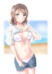  bikini blue_eyes blue_shorts blurry breasts cowboy_shot denim denim_shorts depth_of_field front-tie_top grey_hair highres lifted_by_self looking_at_viewer love_live! love_live!_sunshine!! medium_breasts open_fly shirt shirt_lift short_hair shorts solo standing swimsuit toine watanabe_you white_bikini white_shirt 