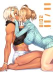  2girls abs ahoge ahoge_girl_(23) aran_sweater bare_arms bare_legs bare_shoulders barefoot blonde_hair blue_eyes blue_sweater blush breasts cleavage commentary dark-skinned_girl_(23) dark_skin dated food hair_between_eyes hair_ornament hairclip hands_on_another's_cheeks hands_on_another's_face highres jewelry kiss kneeling long_sleeves midriff multiple_girls muscle muscular_female original platinum_blonde_hair pocky pocky_day ribbed_sweater ring seiza short_hair short_ponytail short_shorts shorts simple_background sitting surprised sweater toned turtleneck wedding_band white_background white_shorts wide-eyed wife_and_wife wristband yuri 