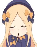  abigail_williams_(fate/grand_order) absurdres bangs black_bow black_hat blonde_hair blue_dress blue_eyes blush bow closed_eyes commentary_request dress eyebrows_visible_through_hair facing_viewer fate/grand_order fate_(series) food_in_mouth forehead hair_bow hat highres incoming_pocky_kiss long_hair long_sleeves mitchi mouth_hold orange_bow parted_bangs parted_lips pocky_day polka_dot polka_dot_bow simple_background solo upper_body very_long_hair white_background 