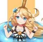  bikini blonde_hair blue_eyes blush charlotta_fenia clenched_hands closed_mouth collarbone commentary_request crown eyebrows_visible_through_hair granblue_fantasy hair_ornament itoi_toi long_hair looking_at_viewer pointy_ears smile solo star star_hair_ornament swimsuit upper_body 