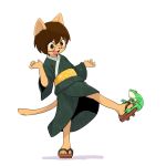  2015 ambiguous_gender amphibian anthro cat clothing cub duo eyewear feline feral frog glasses invalid_tag japanese_clothing kimono male mammal manmosu_marimo shota_feline_(marimo) simple_background smile standing white_background young 