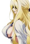  bangs black_ribbon blindfold blonde_hair braid breasts commentary_request crown_braid dress from_side goblin_slayer! half_updo highres kurose_kousuke large_breasts long_hair open_mouth parted_lips ribbon sideboob solo sword_maiden white_dress 