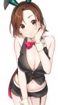  animal_ears bangs bare_shoulders blazer bow bowtie breasts brown_eyes brown_hair bunny_ears bunny_girl cleavage commentary crop_top detached_collar eyebrows_visible_through_hair fake_animal_ears garter_straps highres idolmaster idolmaster_cinderella_girls jacket large_breasts light_smile midriff mizuki_seira navel parted_bangs red_neckwear satoimo_chika short_hair short_shorts shorts simple_background sleeveless sleeveless_blazer solo standing white_background wing_collar wrist_cuffs 
