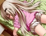  bat_hair_ornament bed blonde_hair bloomers blush closed_eyes eyebrows_visible_through_hair fang hair_ornament little_busters! long_hair lying noumi_kudryavka on_stomach open_mouth rutsubo sleeping solo underwear 