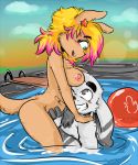  2015 anthro anthro_on_anthro areola ball becky_free biped black_eyebrows blonde_hair brown_ears brown_fur brown_tail chest_tuft cloud detailed_background duckdraw duo ear_piercing eddie_(duckdraw) eye_contact eyebrows eyelashes female fingerless_(marking) floppy_ears fur furgonomics furry-specific_piercing green_eyes grey_ears grey_eyes grey_fur hair hand_on_shoulder holding_character kangaroo lagomorph long_ears male male/female mammal marsupial multicolored_fur multicolored_hair nipples nude open_mouth open_smile partially_submerged piercing pink_areola pink_hair pouch pouch_(anatomy) pouch_piercing rabbit side_view sky smile swimming_pool teeth tuft two_tone_ears two_tone_fur two_tone_hair waggles water white_ears white_fur 