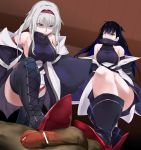  2girls azur_lane bakkanki bar_censor bare_shoulders black_dress black_footwear black_hair black_legwear boots breasts censored colorado_(azur_lane) cross-laced_footwear dress femdom glaring hair_over_one_eye hairband hetero high_collar high_heels highres lace-up_boots large_breasts long_hair looking_at_viewer multiple_girls off_shoulder pale_skin penis pointless_censoring red_eyes red_hairband scowl sideboob sleeveless sleeveless_dress stepped_on thigh_boots thighhighs thighhighs_under_boots thighs very_long_hair west_virginia_(azur_lane) white_hair 