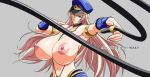 1girl areolae blue_eyes breasts huge_breasts lavender_hair long_hair looking_at_viewer nipples noriheita solo topless upper_body whip 