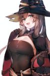  alternate_costume bangs basket blush breasts brown_hair candy cape cat choker cleavage commentary dress elbow_gloves eyebrows_visible_through_hair food girls_frontline gloves green_eyes hair_between_eyes hair_rings halloween hat highres holding holding_basket holding_food irikawa large_breasts lollipop long_hair looking_at_viewer m1903_springfield_(girls_frontline) open_mouth ponytail sidelocks simple_background smile solo symbol_commentary upper_body white_background witch_costume witch_hat 