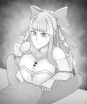  1girl :} bad_anatomy bangs bar_censor bare_shoulders blunt_bangs bow breasts breath censored charlotte_(fire_emblem_if) cleavage closed_mouth collarbone commission crosshatching ekz_(drawfag) fire_emblem fire_emblem_heroes fire_emblem_if greyscale hair_bow head_out_of_frame hetero highres large_breasts long_hair looking_at_another monochrome paizuri penis see-through see-through_silhouette see-through_sleeves sidelocks smile solo_focus vignetting 