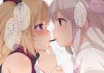  akatsuki_yuni blonde_hair blush commentary_request food food_in_mouth fujisaki_hikari hair_ornament hand_on_another's_face looking_at_another multiple_girls natori_sana pocky pocky_day pocky_kiss red_eyes sana_channel shared_food translation_request uni_channel virtual_youtuber white_background yuri 