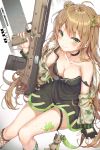  absurdres ahoge arm_support assault_rifle bangs bare_shoulders black_gloves blush bow breasts brown_hair bullpup character_name choker cleavage collarbone commentary_request dog_tags double_bun dress eyebrows_visible_through_hair fingerless_gloves fishnet_legwear fishnets fur_trim girls_frontline gloves green_bow green_eyes green_legwear gun hair_between_eyes hair_bow highres holding holding_gun holding_weapon jacket kel-tec kel-tec_rfb korean_commentary long_hair looking_at_viewer medium_breasts paint_splatter r_o_ha rfb_(girls_frontline) rifle short_dress sidelocks sitting smile solo strap_slip striped striped_legwear stuffed_animal stuffed_toy teddy_bear vertical-striped_legwear vertical_stripes weapon 