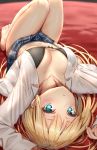  arms_up bangs bare_legs barefoot black_bra blonde_hair blue_eyes blue_skirt blurry blurry_background blush bow bow_bra bra breasts closed_eyes collarbone collared_shirt commentary_request depth_of_field dress_shirt fingernails highres knees_up long_hair long_sleeves looking_at_viewer lying navel on_back open_clothes open_shirt original pleated_skirt reinama school_uniform shirt skirt sleeves_past_wrists small_breasts solo toenails underwear upside-down very_long_hair white_shirt 