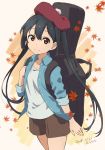  absurdres autumn_leaves black_hair brown_eyes cowboy_shot dated errant eyebrows_visible_through_hair hat highres instrument_case k-on! long_hair looking_at_viewer motion_blur nakano_azusa shorts signature simple_background smile solo twintails 