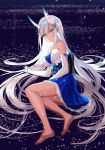  absurdly_long_hair aqua_eyes arm_support bangs bare_legs bare_shoulders barefoot breasts cleavage closed_mouth commentary_request detached_sleeves dress flower full_body hair_flower hair_ornament highres horns japanese_clothes kiyosato0928 long_hair looking_at_viewer medium_breasts obi oni_horns original partially_submerged petals pointy_ears sash sidelocks sitting solo strapless strapless_dress very_long_hair water white_hair yokozuwari 
