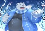  12beat13 2018 anthro bear belly black_nose blue_eyes blush clothing hoodie humanoid_hands male mammal overweight overweight_male polar_bear scarf shirane_kan shirt snow solo utau 