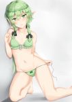  bare_shoulders barefoot black_bow bow bow_panties bra breasts collarbone commentary_request elf eyebrows_visible_through_hair feet frilled_bra frills goblin_slayer! green_bra green_eyes green_hair green_panties hair_bow half-closed_eyes high_elf_archer_(goblin_slayer!) highres hips kneeling long_hair looking_at_viewer low_ponytail mengo navel panties pointy_ears side-tie_panties sidelocks small_breasts solo stomach underwear untied untied_panties 