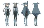  ass black_bodysuit blue_eyes bodysuit boots breasts character_sheet chinese_commentary commentary_request covered_navel grey_bodysuit high_heel_boots high_heels highres j-10b legs looking_at_viewer mecha_musume medium_breasts multiple_views original panties personification pointy_ears short_twintails silver_hair sima_naoteng thigh_boots thighhighs twintails underwear 