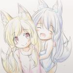  2016 ^_^ animal_humanoid blonde_hair blush clothed clothing colored_sketch duo eyes_closed female fox_humanoid grey_hair hair hug humanoid inner_ear_fluff nekonorin simple_background smile white_background young 