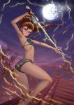  adsouto artist_name ass barefoot blush bra breasts broken_moon brown_hair closed_mouth electricity from_behind green_bra green_panties highres ilia_amitola lingerie long_hair looking_at_viewer looking_back moon night panties ponytail rooftop rwby small_breasts solo spots sword tree underwear underwear_only weapon 